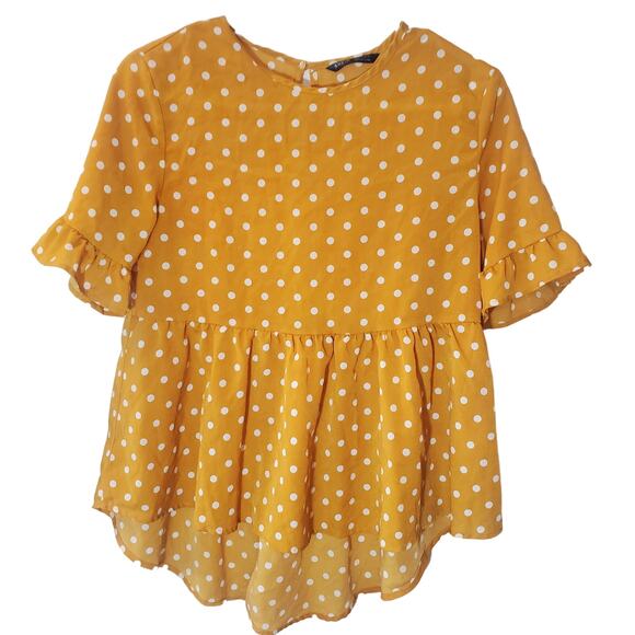 SHEIN Tops - Shein Mustard Yellow Polka Dot High Low Ruffled Peplum Blouse Top Size XS